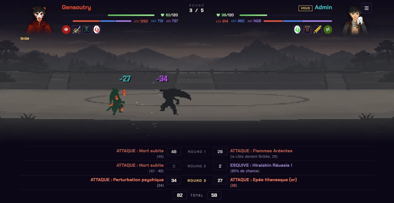 Arena fight: a shinobi faces another player's guard clone, round 3 of 5