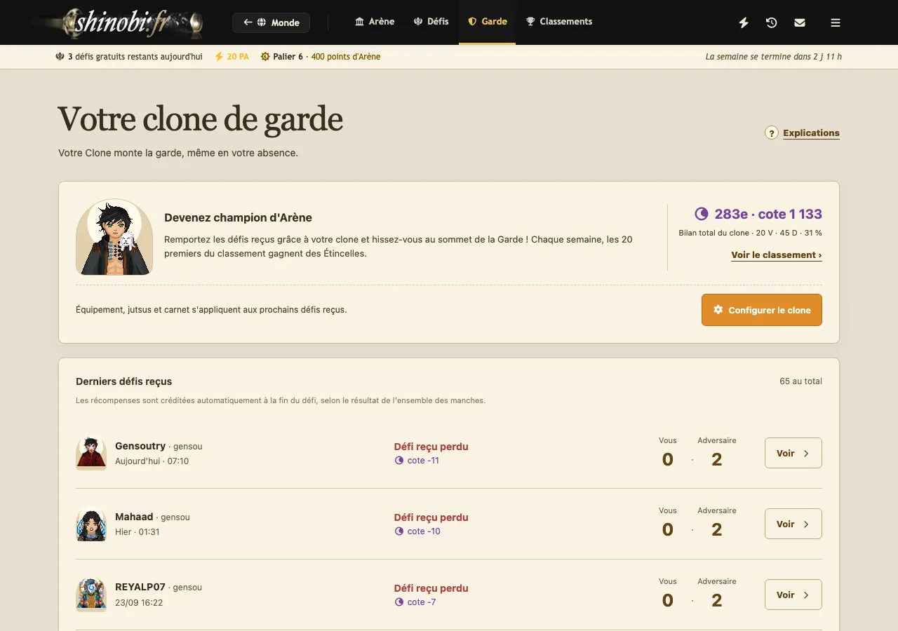 Arena Guard tab: clone rank and rating, record and latest received challenges